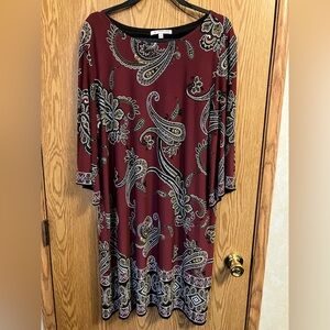 Studio One Burgundy and Black Paisley Dress long flared sleeve women’s size XL